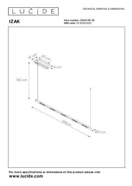 Lucide IZAK - Suspension - LED Dim. - 1x30W 2700K - Noir - TECHNISCH